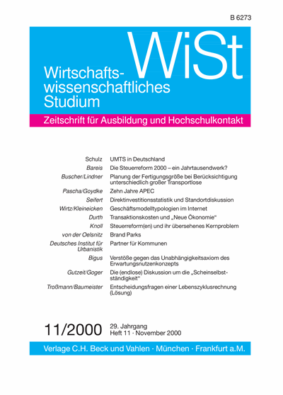 Cover der Ausgabe: WiSt - Wirtschaftswissenschaftliches Studium Jahrgang 29 (2000), Heft 11