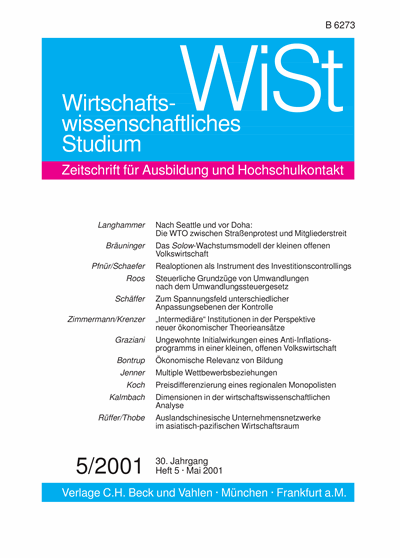 Cover der Ausgabe: WiSt - Wirtschaftswissenschaftliches Studium Jahrgang 30 (2001), Heft 5