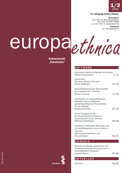 Cover der Ausgabe: europa ethnica Jahrgang 72 (2015), Heft 1-2