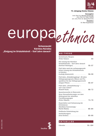 Cover der Ausgabe: europa ethnica Jahrgang 73 (2016), Heft 3-4