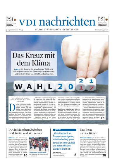 Cover der Ausgabe: VDI nachrichten Jahrgang 75 (2021), Heft 35