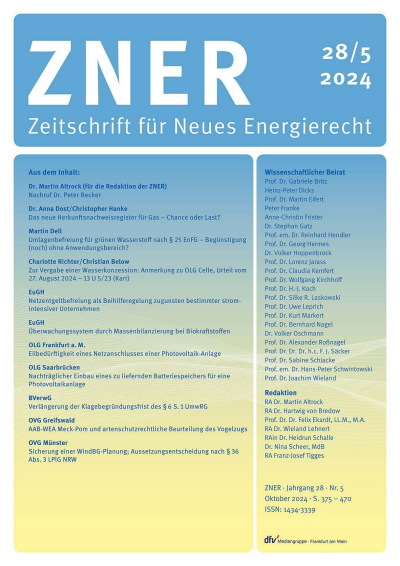 Cover der Ausgabe: Zeitschrift für Neues Energierecht Jahrgang 5 (2024), Heft 5