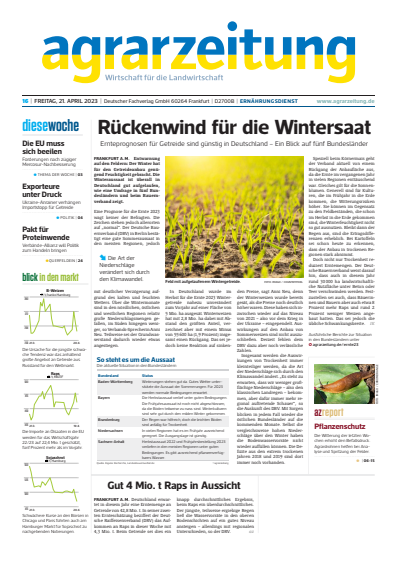 Cover der Ausgabe: agrarzeitung Jahrgang 78 (2023), Heft 16