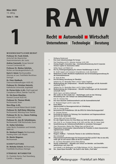 Cover der Ausgabe: Recht, Automobil, Wirtschaft Jahrgang 6 (2025), Heft 1