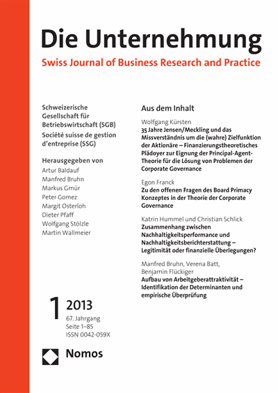 Cover of Volume: Swiss Journal of Business Volume 67 (2013), Edition 1