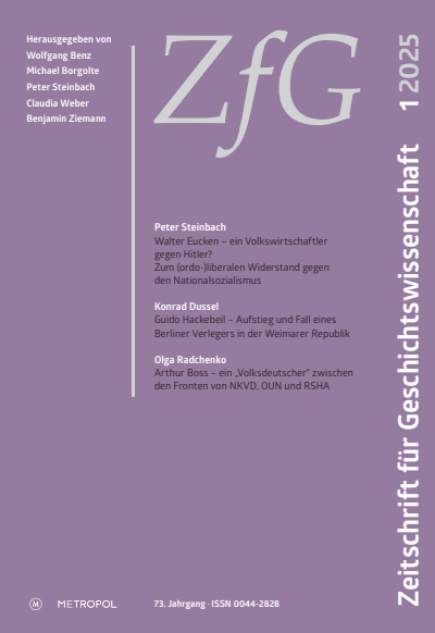 Cover der Ausgabe: Zeitschrift für Geschichtswissenschaft Jahrgang 73 (2025), Heft 1