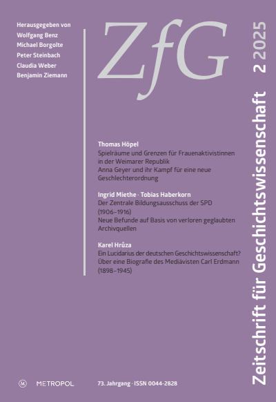 Cover der Ausgabe: Zeitschrift für Geschichtswissenschaft Jahrgang 73 (2025), Heft 2