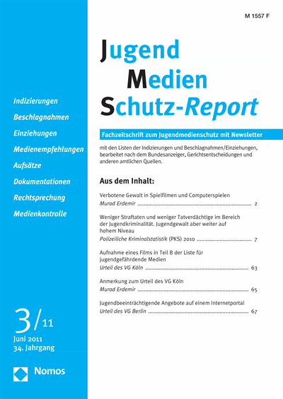 Cover der Ausgabe: JMS Jugend Medien Schutz-Report Jahrgang 34 (2011), Heft 3