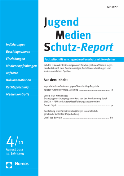 Cover der Ausgabe: JMS Jugend Medien Schutz-Report Jahrgang 34 (2011), Heft 4