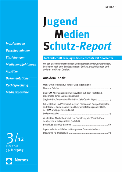 Cover of Volume: JMS Jugend Medien Schutz-Report Volume 35 (2012), Edition 3