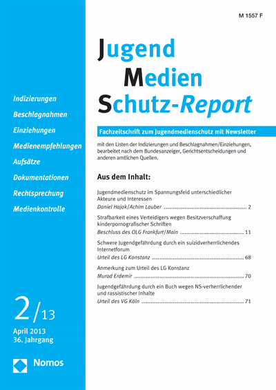 Cover of Volume: JMS Jugend Medien Schutz-Report Volume 36 (2013), Edition 2