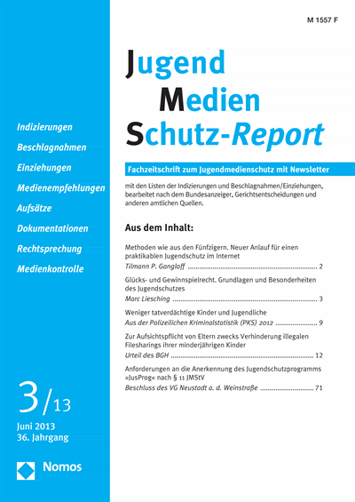 Cover of Volume: JMS Jugend Medien Schutz-Report Volume 36 (2013), Edition 3