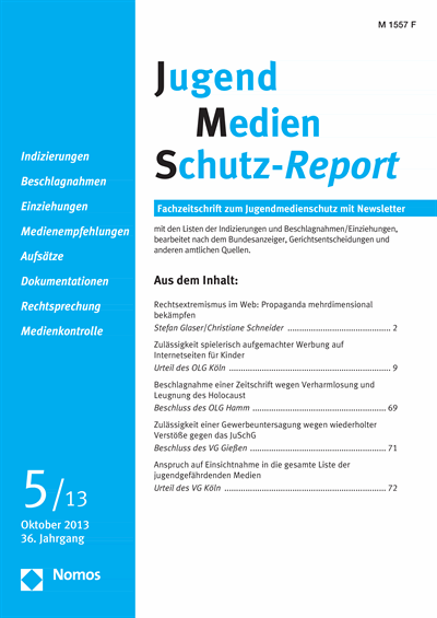 Cover of Volume: JMS Jugend Medien Schutz-Report Volume 36 (2013), Edition 5