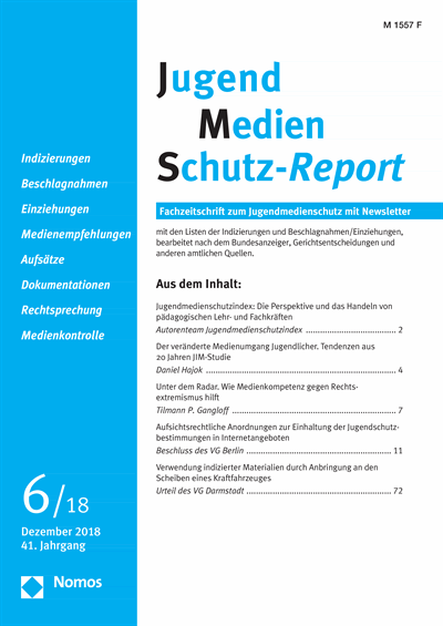 Cover of Volume: JMS Jugend Medien Schutz-Report Volume 41 (2018), Edition 6