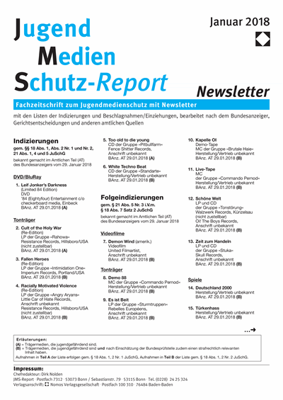 Cover of Volume: JMS Jugend Medien Schutz-Report Volume 41 (2018), Edition Newsletter 1