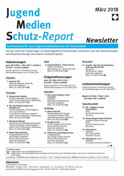 Cover of Volume: JMS Jugend Medien Schutz-Report Volume 41 (2018), Edition Newsletter 2