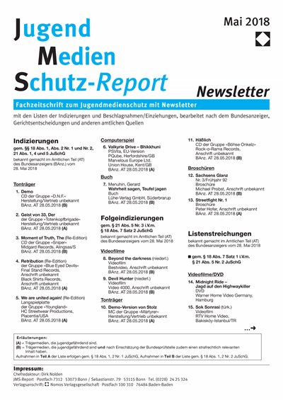 Cover of Volume: JMS Jugend Medien Schutz-Report Volume 41 (2018), Edition Newsletter 3