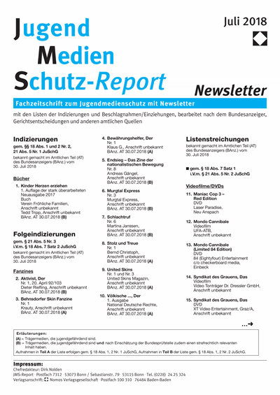 Cover of Volume: JMS Jugend Medien Schutz-Report Volume 41 (2018), Edition Newsletter 4