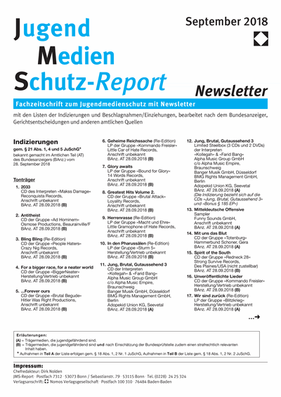 Cover of Volume: JMS Jugend Medien Schutz-Report Volume 41 (2018), Edition Newsletter 5