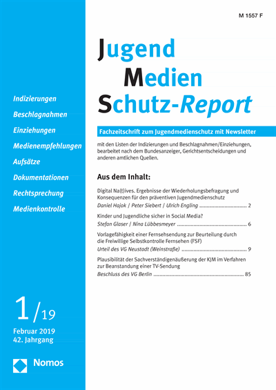 Cover of Volume: JMS Jugend Medien Schutz-Report Volume 42 (2019), Edition 1