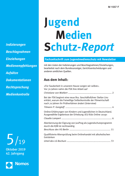 Cover of Volume: JMS Jugend Medien Schutz-Report Volume 42 (2019), Edition 5