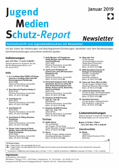 Cover of Volume: JMS Jugend Medien Schutz-Report Volume 42 (2019), Edition Newsletter 1