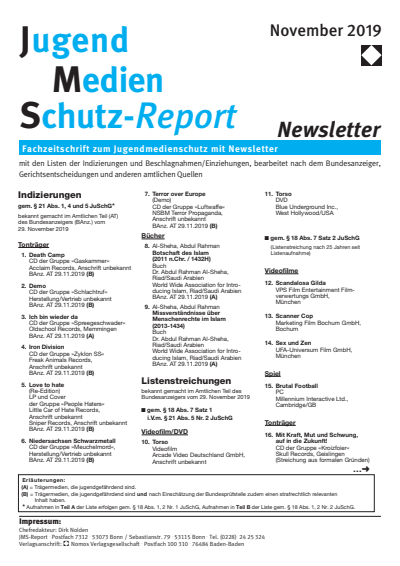 Cover of Volume: JMS Jugend Medien Schutz-Report Volume 42 (2019), Edition Newsletter 6