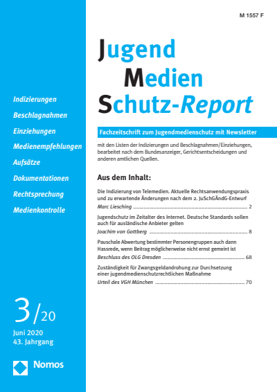 Cover of Volume: JMS Jugend Medien Schutz-Report Volume 43 (2020), Edition 3