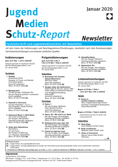 Cover of Volume: JMS Jugend Medien Schutz-Report Volume 43 (2020), Edition Newsletter 1