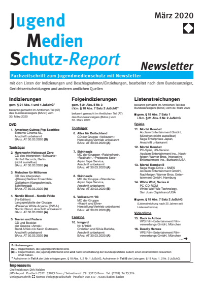 Cover of Volume: JMS Jugend Medien Schutz-Report Volume 43 (2020), Edition Newsletter 2