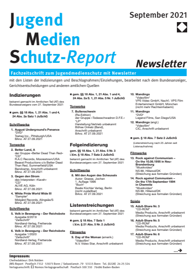 Cover of Volume: JMS Jugend Medien Schutz-Report Volume 44 (2021), Edition Newsletter 5