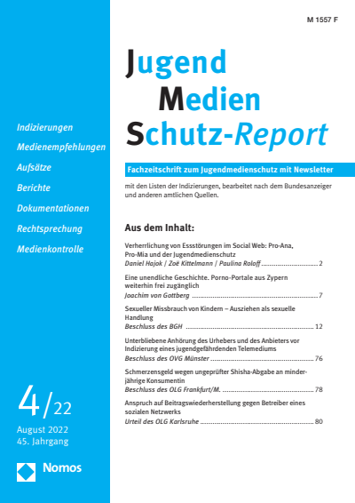 Cover of Volume: JMS Jugend Medien Schutz-Report Volume 45 (2022), Edition 4