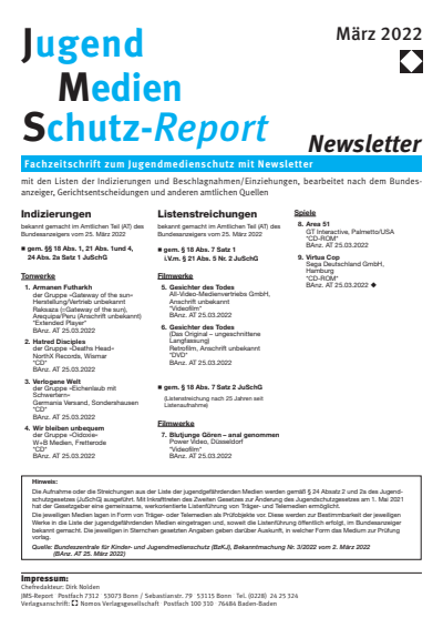 Cover of Volume: JMS Jugend Medien Schutz-Report Volume 45 (2022), Edition Newsletter 2