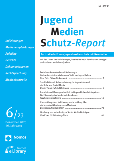 Cover of Volume: JMS Jugend Medien Schutz-Report Volume 46 (2023), Edition 6