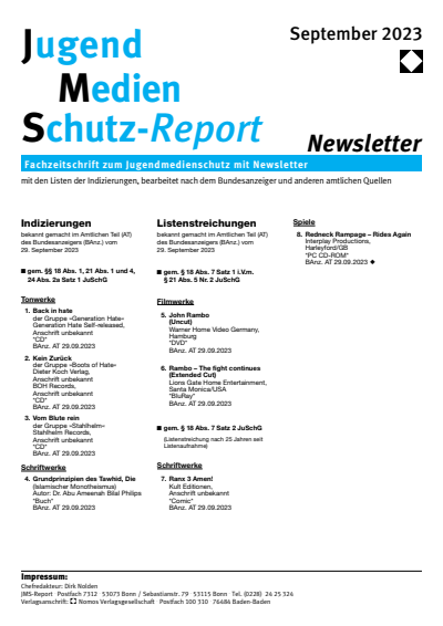 Cover of Volume: JMS Jugend Medien Schutz-Report Volume 46 (2023), Edition Newsletter 5