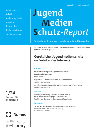 Cover der Ausgabe: JMS Jugend Medien Schutz-Report Jahrgang 47 (2024), Heft 1