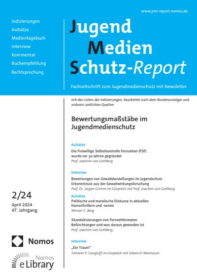 Cover der Ausgabe: JMS Jugend Medien Schutz-Report Jahrgang 47 (2024), Heft 2