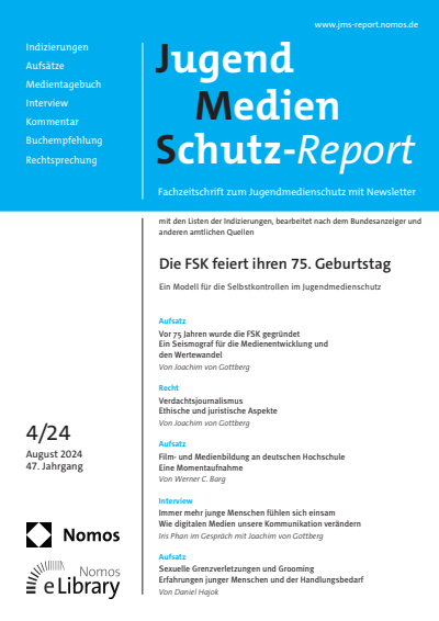 Cover der Ausgabe: JMS Jugend Medien Schutz-Report Jahrgang 47 (2024), Heft 4