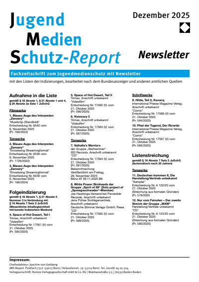 Cover der Ausgabe: JMS Jugend Medien Schutz-Report Jahrgang 48 (2025), Heft Newsletter 6