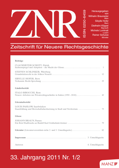 Cover der Ausgabe: ZNR Zeitschrift für Neuere Rechtsgeschichte Jahrgang 33 (2011), Heft 1-2