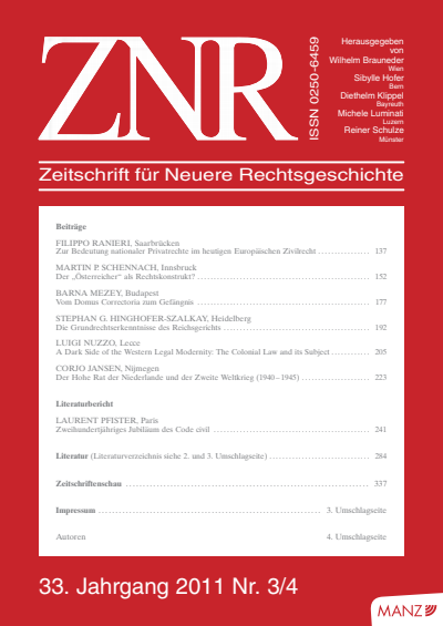 Cover der Ausgabe: ZNR Zeitschrift für Neuere Rechtsgeschichte Jahrgang 33 (2011), Heft 3-4