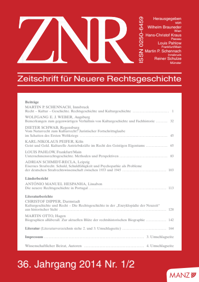 Cover of Volume: ZNR Zeitschrift für Neuere Rechtsgeschichte Volume 36 (2014), Edition 1-2