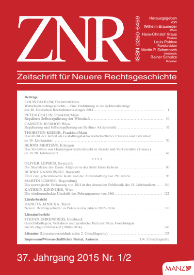 Cover der Ausgabe: ZNR Zeitschrift für Neuere Rechtsgeschichte Jahrgang 37 (2015), Heft 1-2