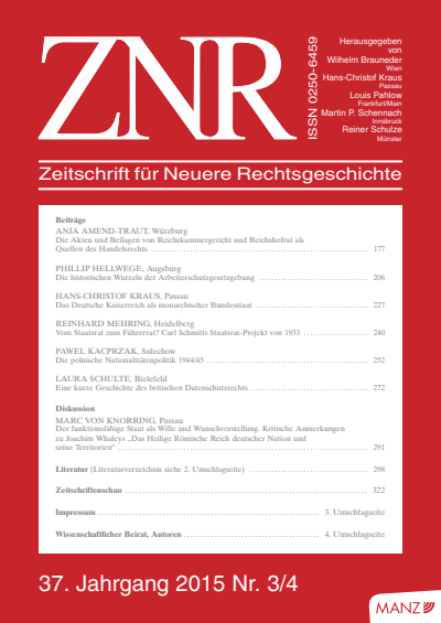 Cover der Ausgabe: ZNR Zeitschrift für Neuere Rechtsgeschichte Jahrgang 37 (2015), Heft 3-4