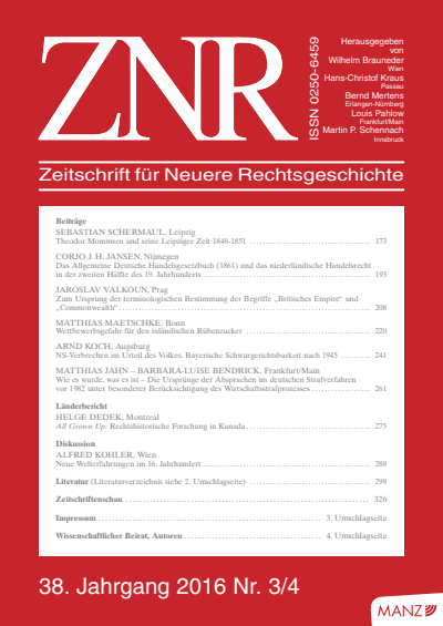 Cover of Volume: ZNR Zeitschrift für Neuere Rechtsgeschichte Volume 38 (2016), Edition 3-4