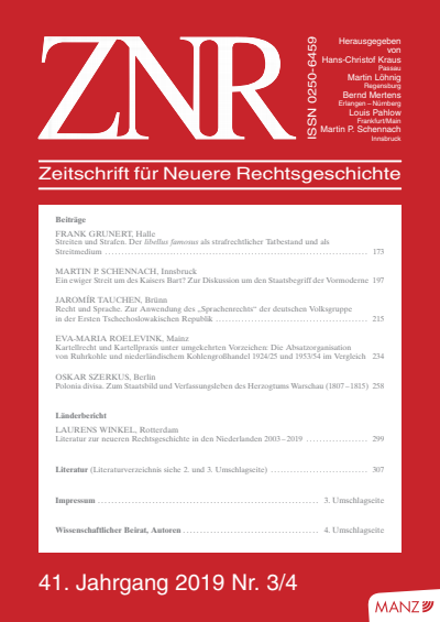 Cover of Volume: ZNR Zeitschrift für Neuere Rechtsgeschichte Volume 41 (2019), Edition 3-4