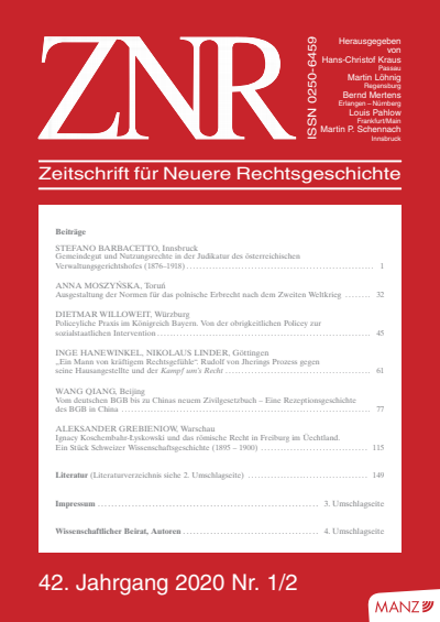 Cover of Volume: ZNR Zeitschrift für Neuere Rechtsgeschichte Volume 42 (2020), Edition 1-2