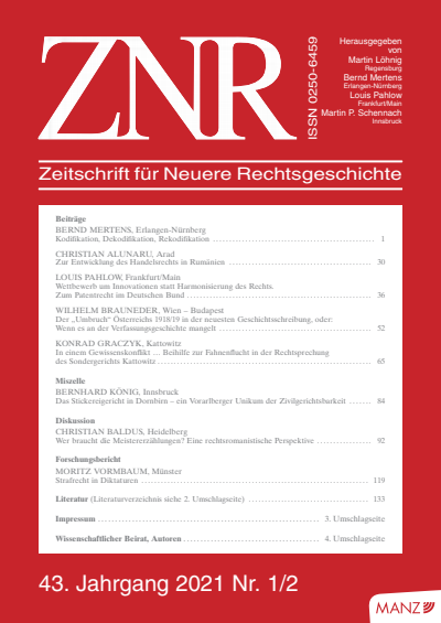 Cover of Volume: ZNR Zeitschrift für Neuere Rechtsgeschichte Volume 43 (2021), Edition 1-2