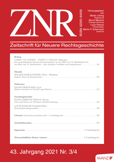 Cover of Volume: ZNR Zeitschrift für Neuere Rechtsgeschichte Volume 43 (2021), Edition 3-4