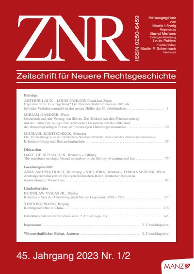 Cover of Volume: ZNR Zeitschrift für Neuere Rechtsgeschichte Volume 45 (2023), Edition 1